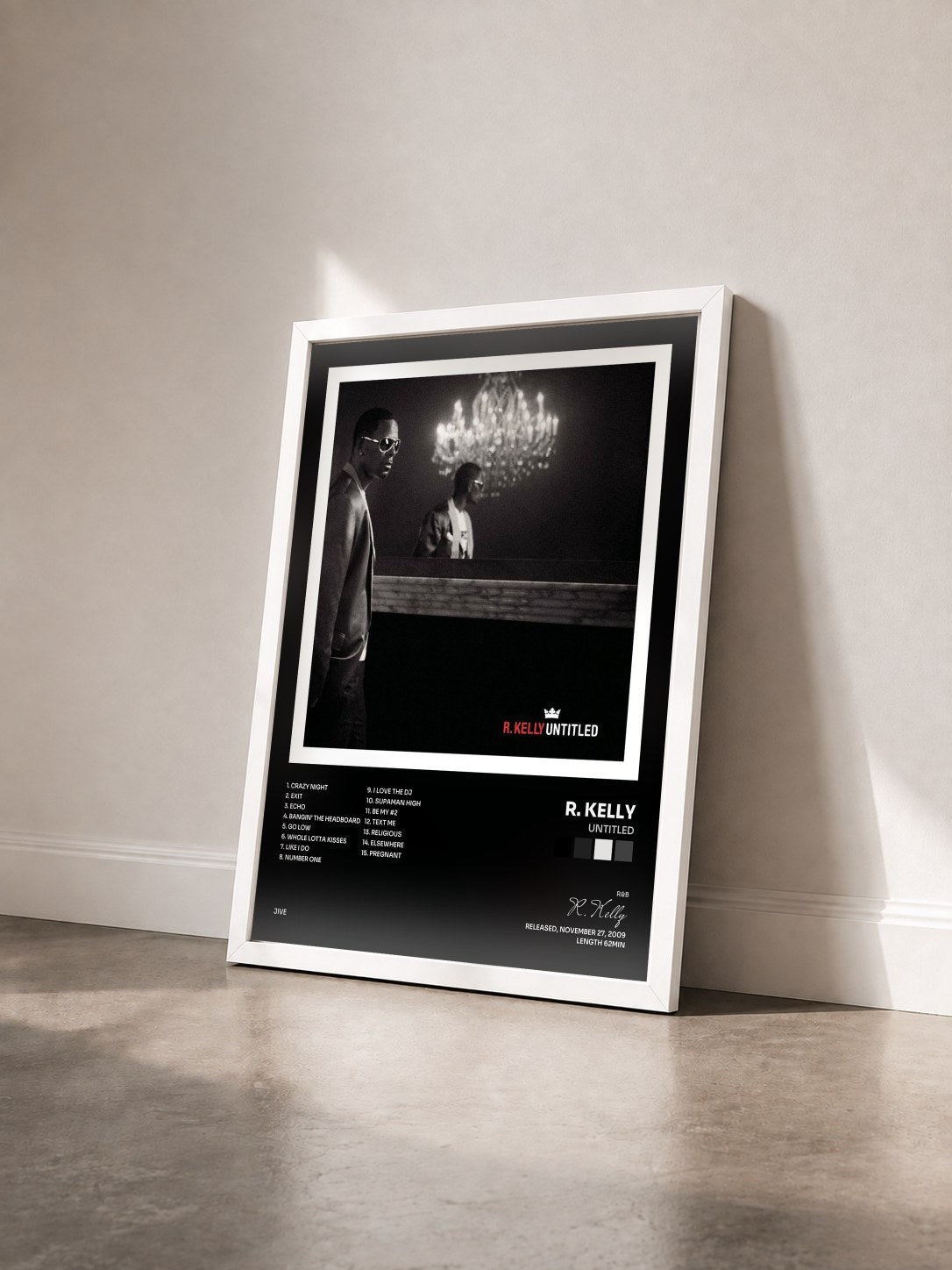 #blanc Tableau de l'album Untitled de R. Kelly vu de trois quarts, cadre blanc