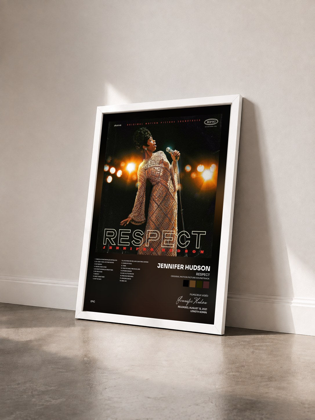 #blanc Tableau de l'album RESPECT (Original Motion Picture Soundtrack) de Jennifer Hudson vu de trois quarts, cadre blanc