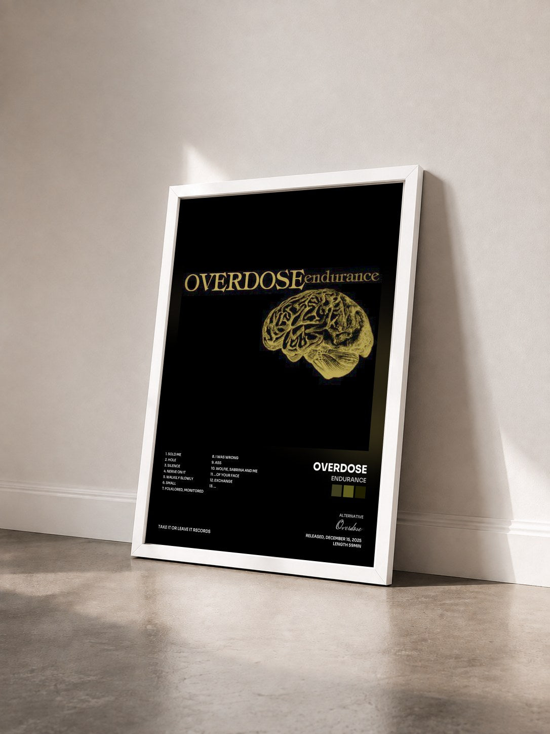 #blanc Tableau de l'album Endurance de Overdose vu de trois quarts, cadre blanc