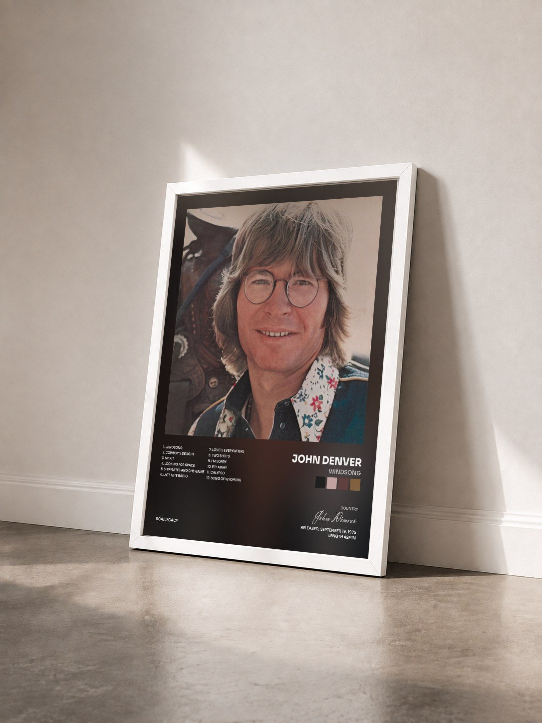 #blanc Tableau de l'album Windsong de John Denver vu de trois quarts, cadre blanc