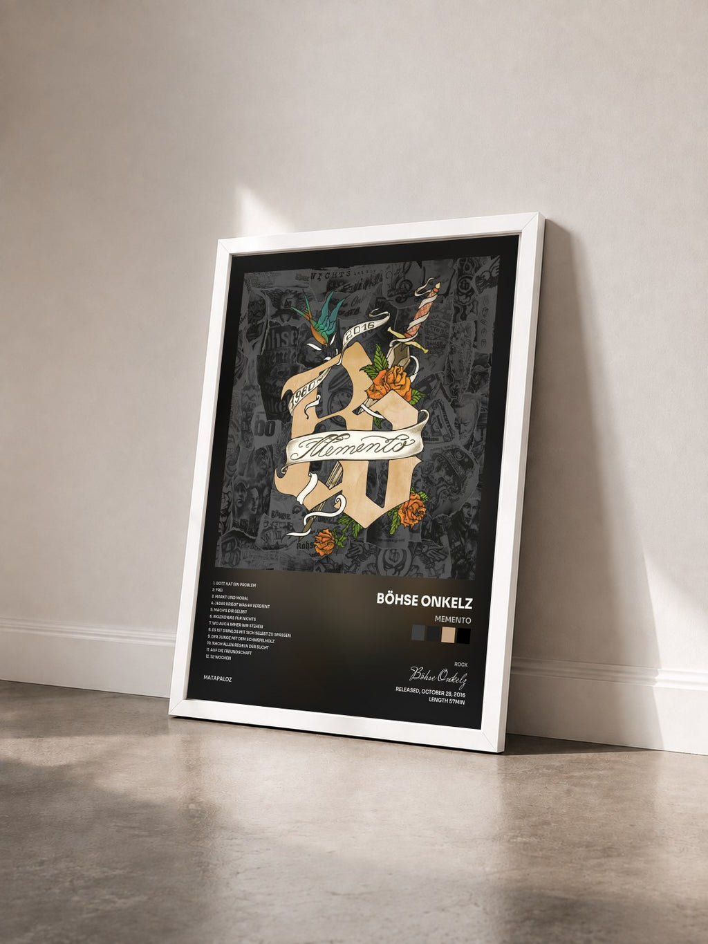 #blanc Tableau de l'album Memento de Böhse Onkelz vu de trois quarts, cadre blanc