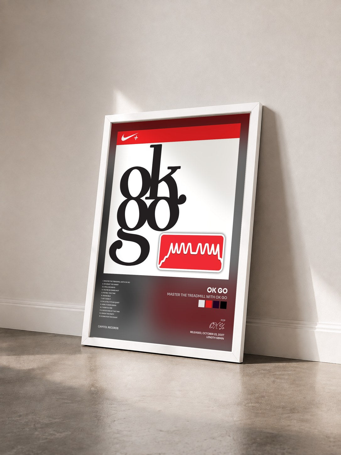 #blanc Tableau de l'album Master The Treadmill With OK Go de OK Go vu de trois quarts, cadre blanc