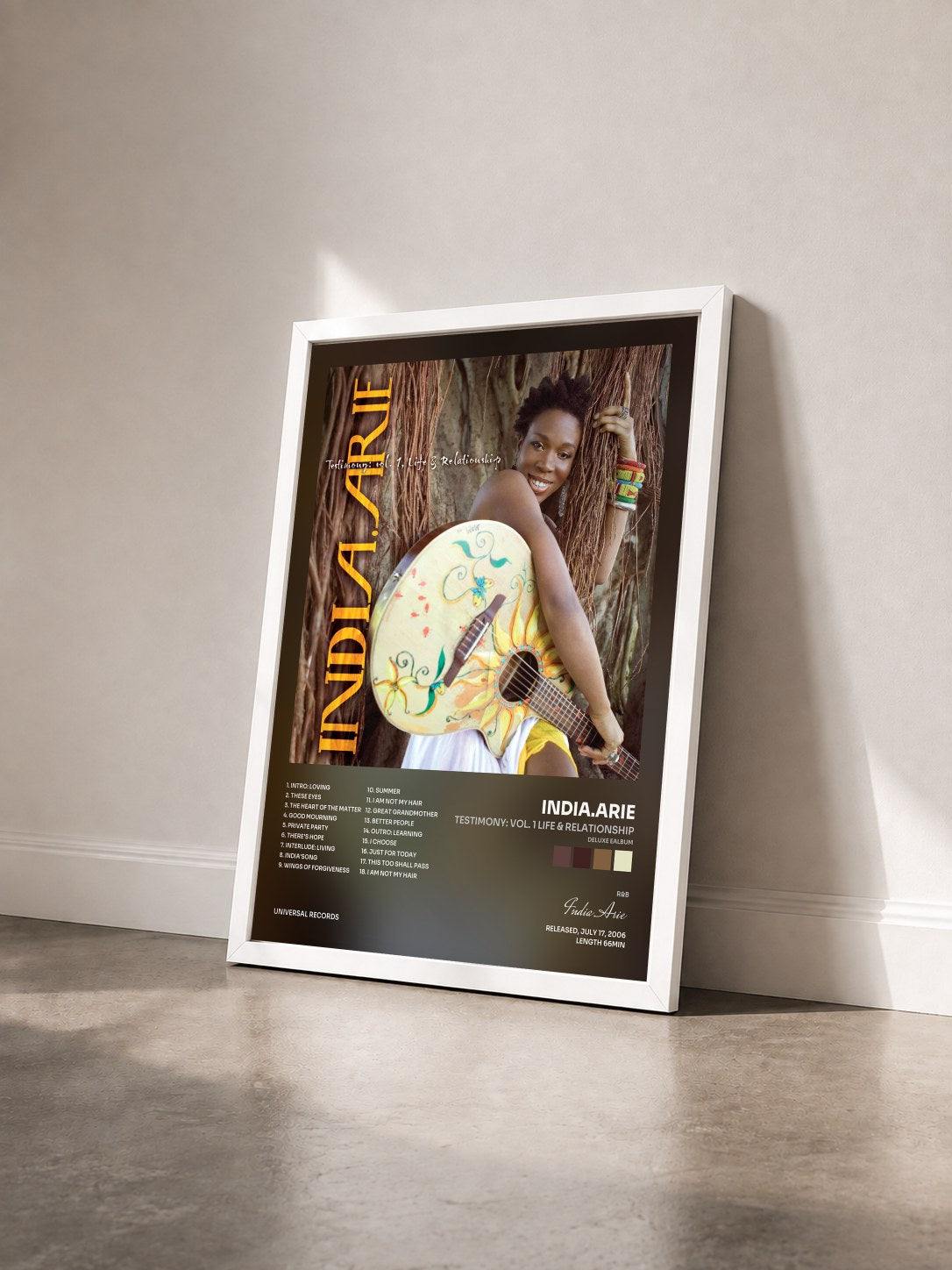 #blanc Tableau de l'album Testimony: Vol. 1 Life & Relationship (Deluxe eAlbum) de India.Arie vu de trois quarts, cadre blanc