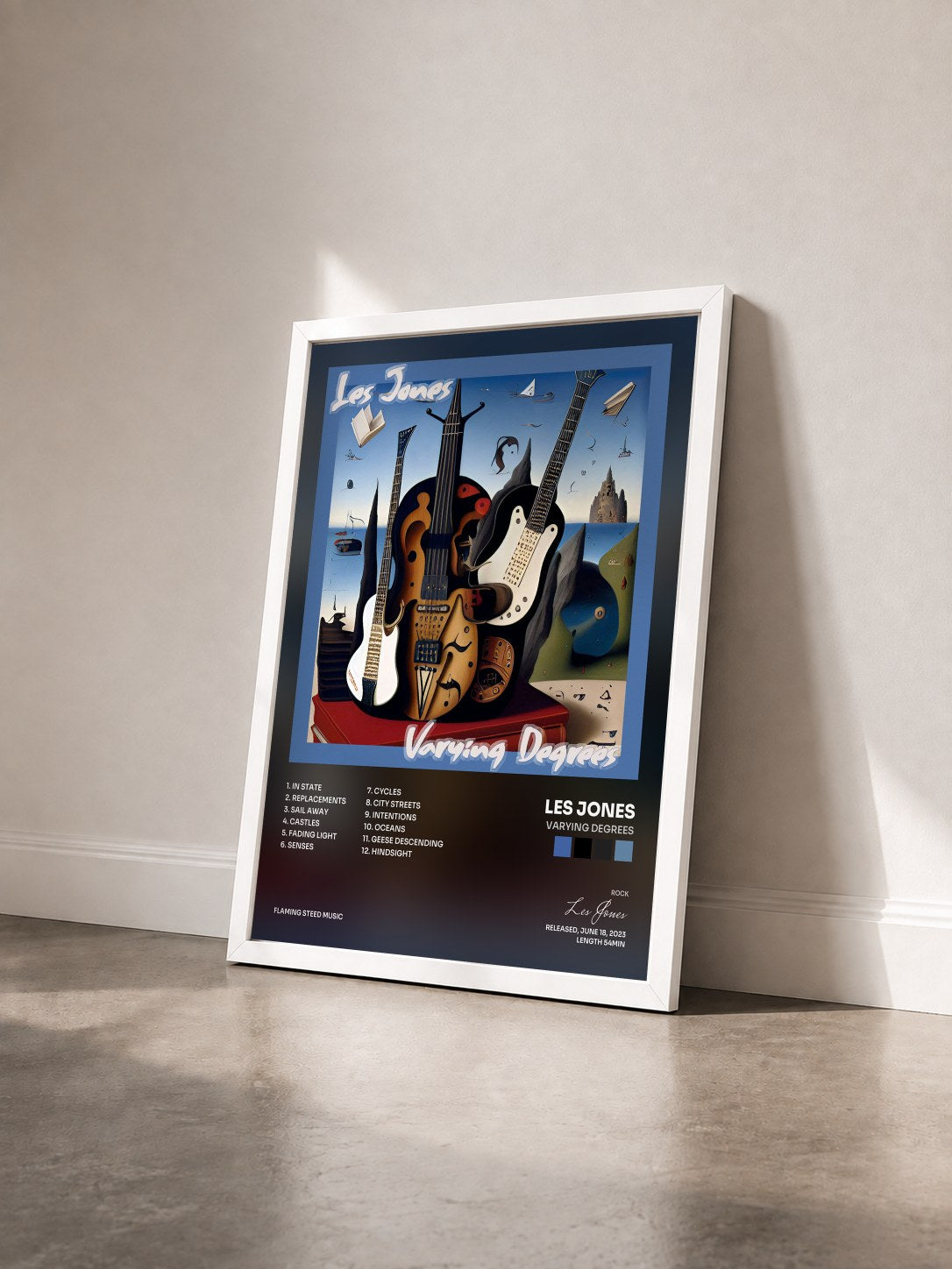 #blanc Tableau de l'album Varying Degrees de Les Jones vu de trois quarts, cadre blanc