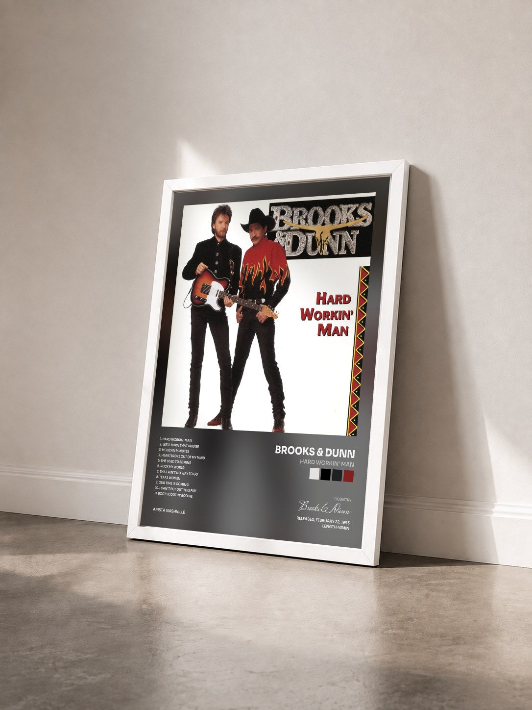 #blanc Tableau de l'album Hard Workin' Man de Brooks & Dunn vu de trois quarts, cadre blanc
