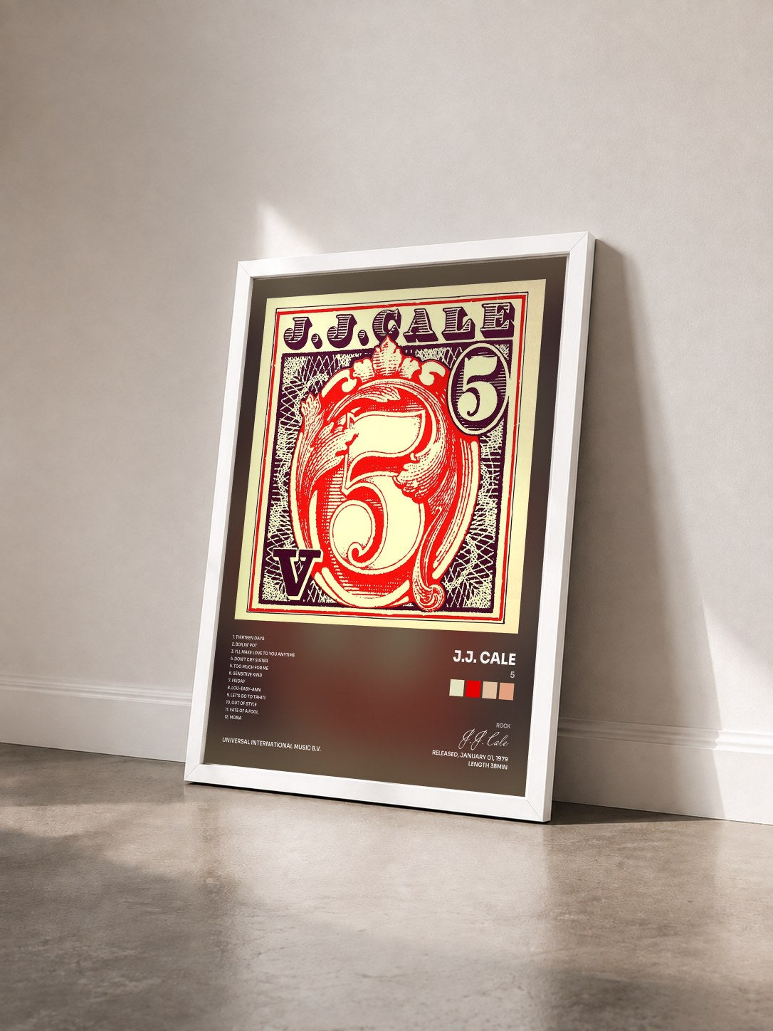 #blanc Tableau de l'album 5 de J.J. Cale vu de trois quarts, cadre blanc