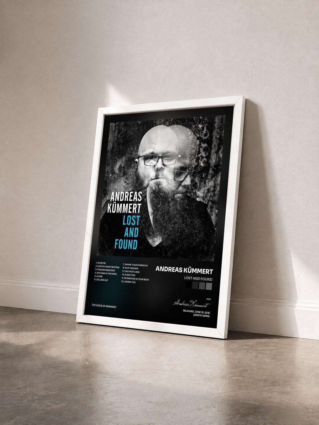 #blanc Tableau de l'album Lost And Found de Andreas Kümmert vu de trois quarts, cadre blanc