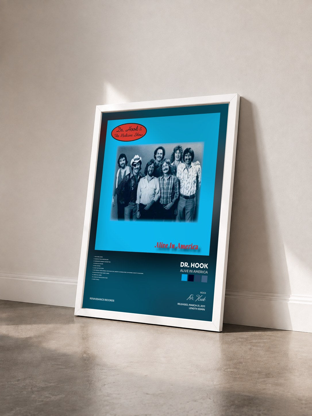 #blanc Tableau de l'album Alive In America de Dr. Hook vu de trois quarts, cadre blanc