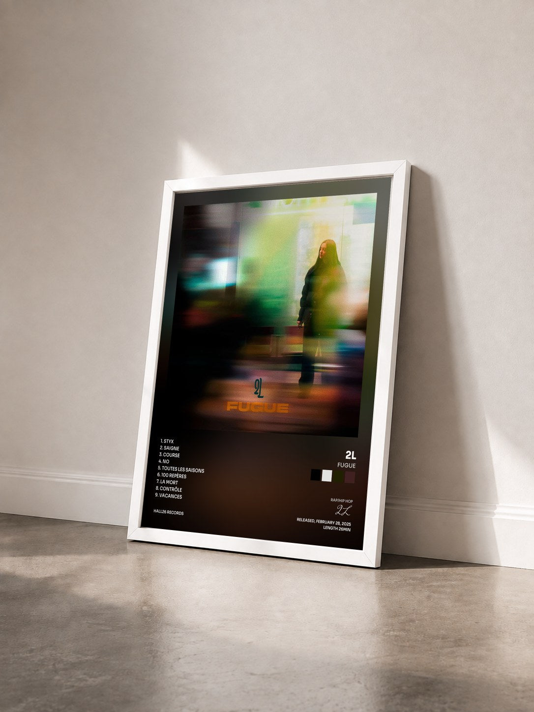#blanc Tableau de l'album Fugue de 2L vu de trois quarts, cadre blanc