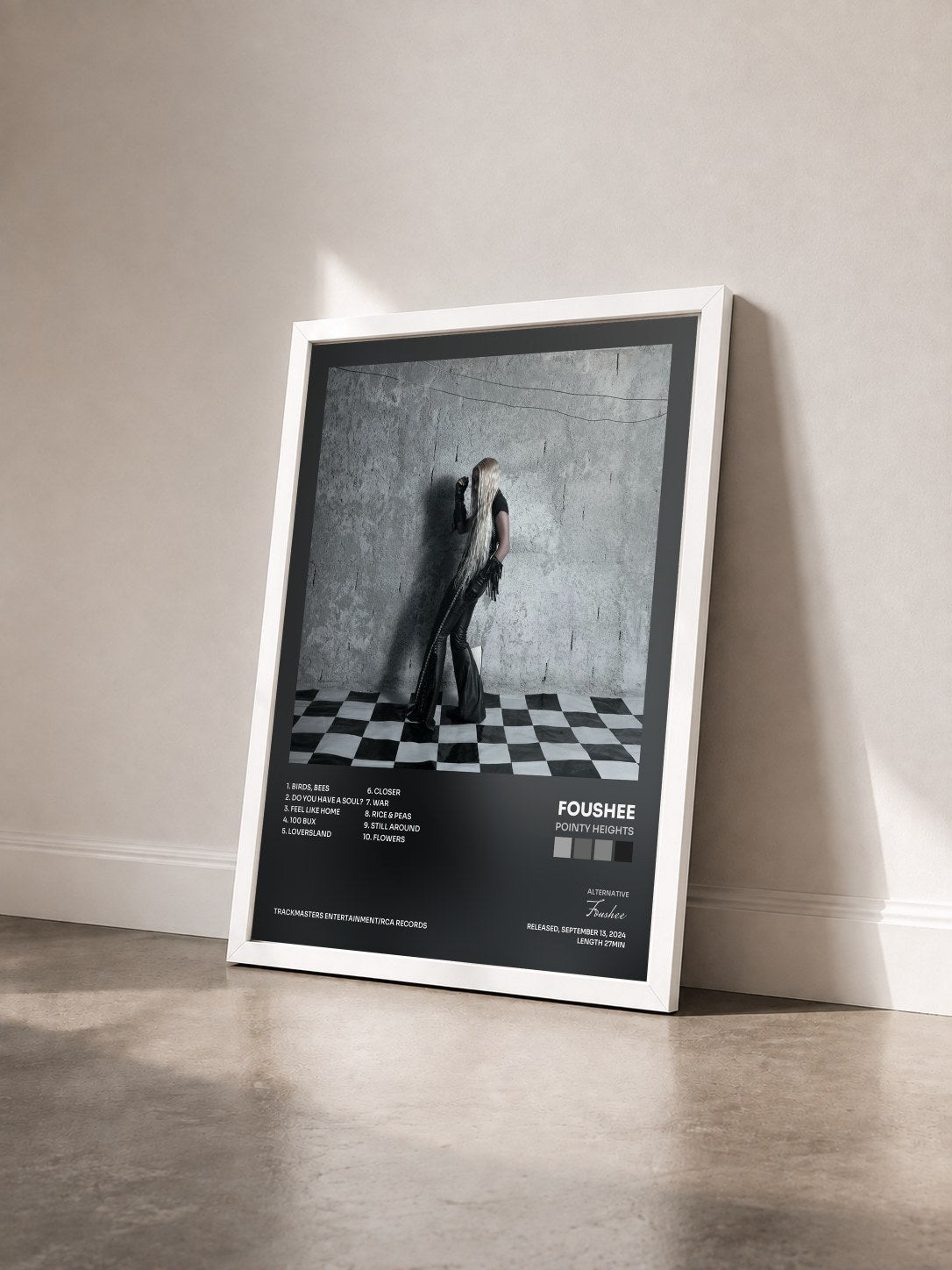 #blanc Tableau de l'album Pointy Heights de Foushee vu de trois quarts, cadre blanc