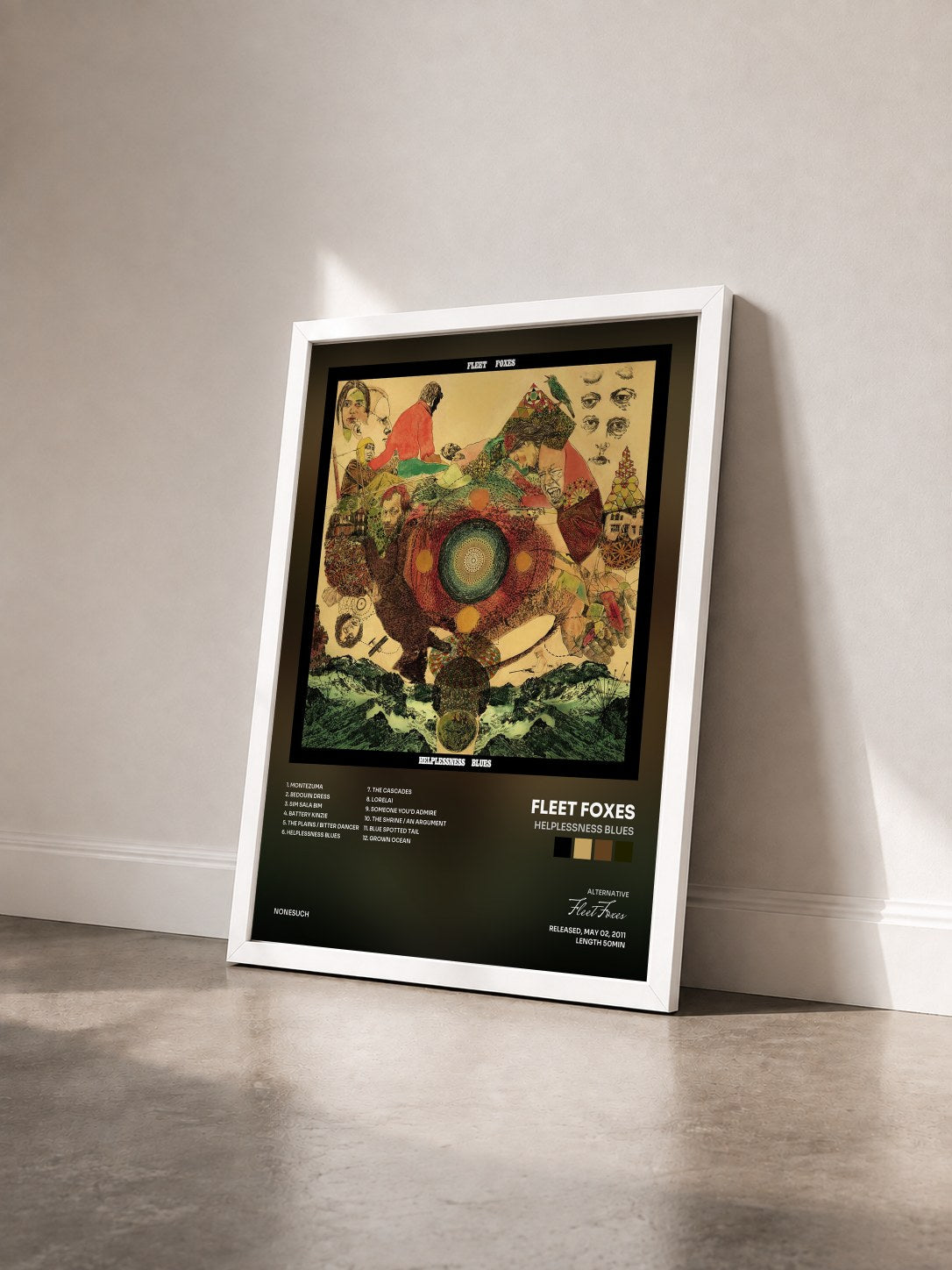 #blanc Tableau de l'album Helplessness Blues de Fleet Foxes vu de trois quarts, cadre blanc