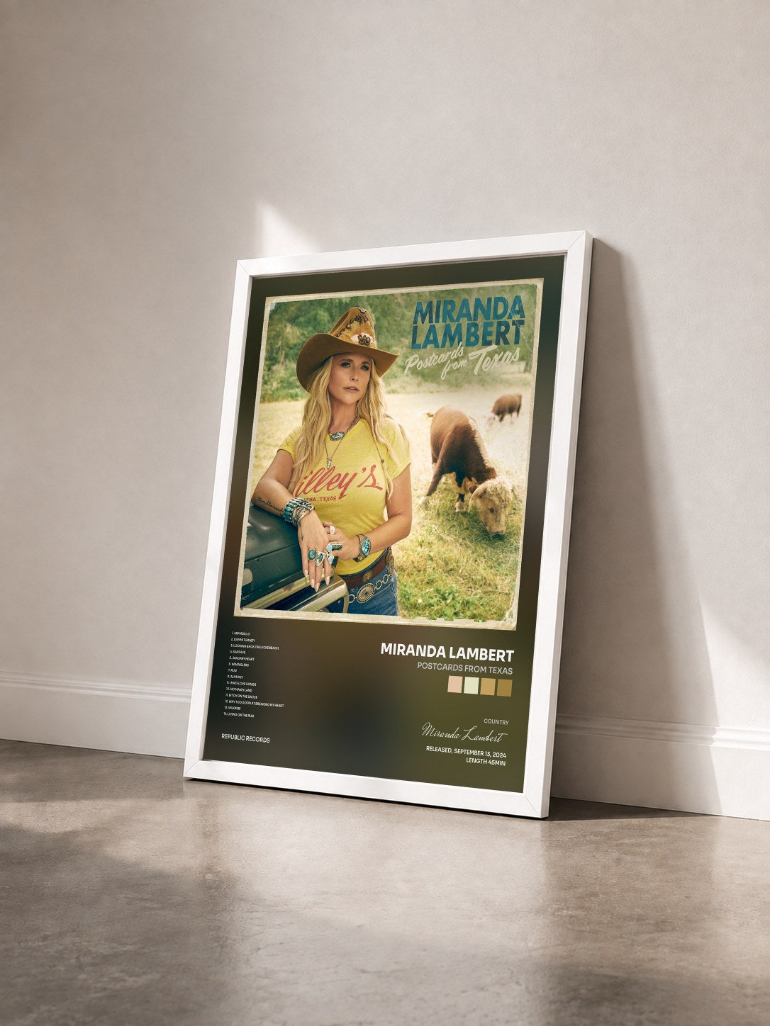 #blanc Tableau de l'album Postcards From Texas de Miranda Lambert vu de trois quarts, cadre blanc
