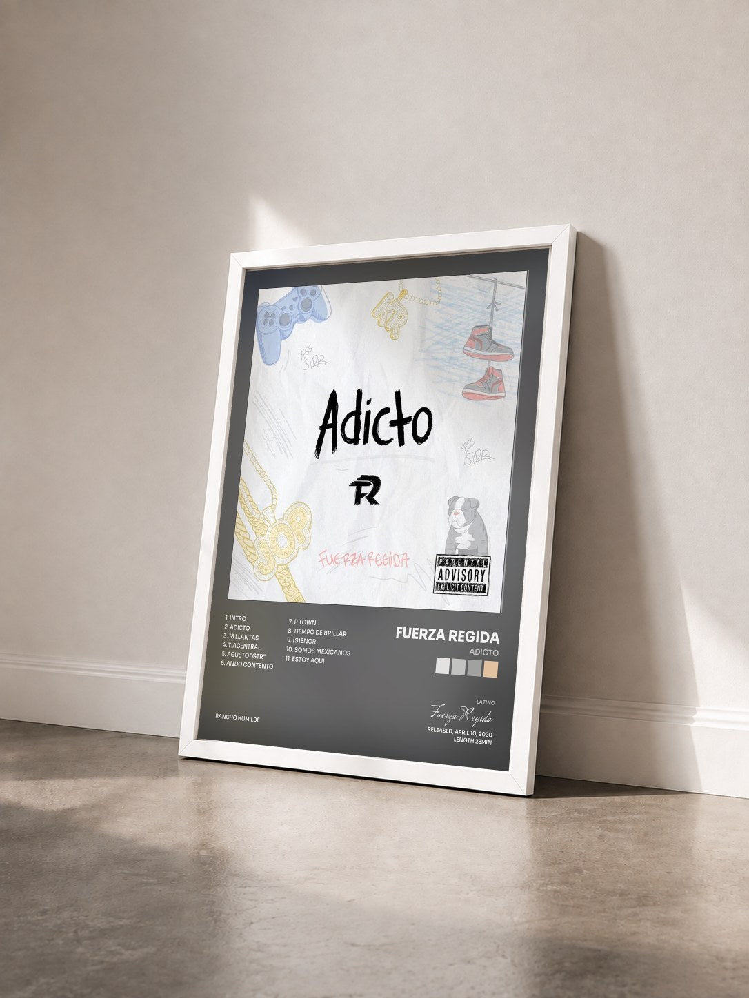 #blanc Tableau de l'album Adicto de Fuerza Regida vu de trois quarts, cadre blanc