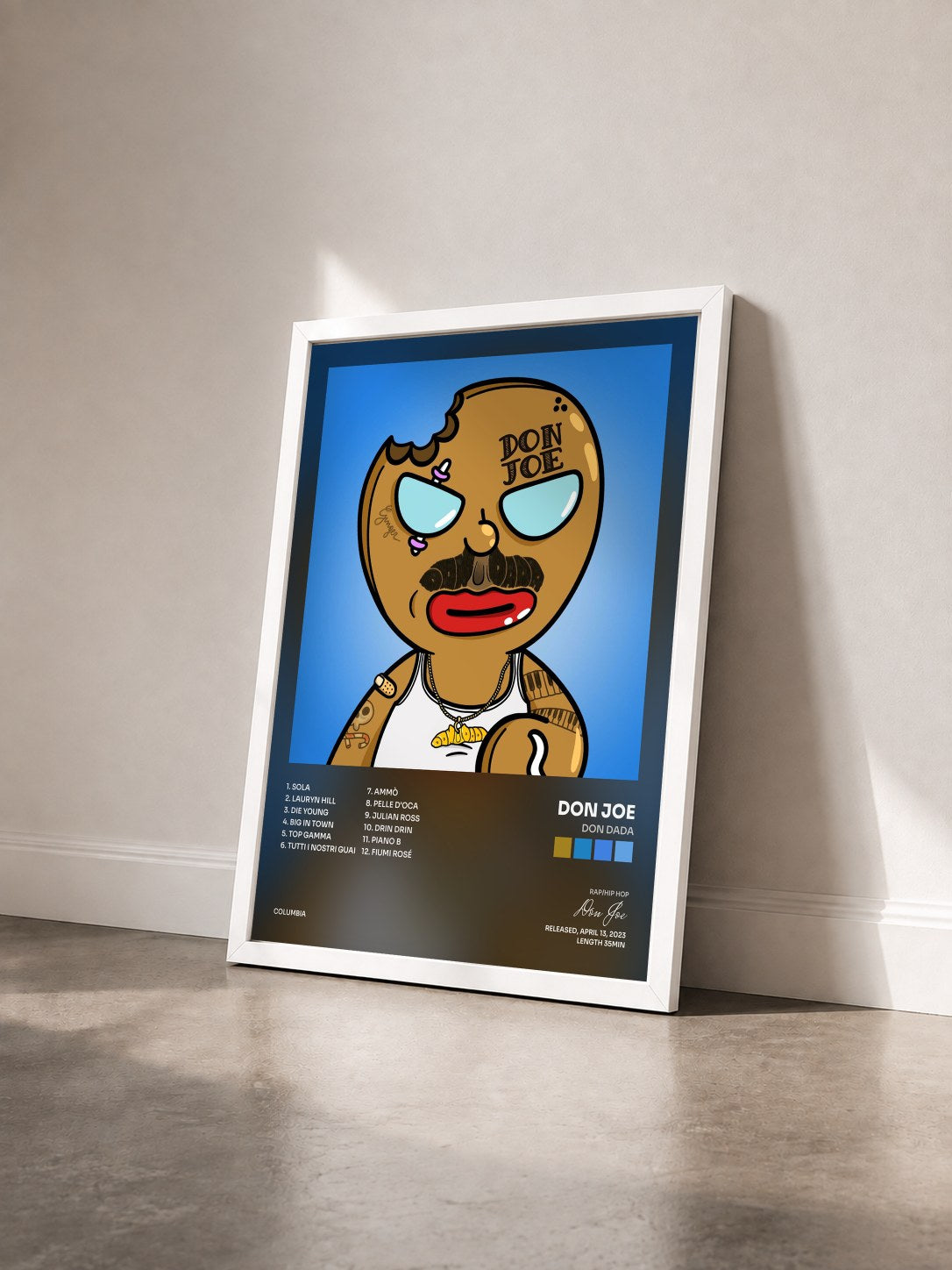 #blanc Tableau de l'album DON DADA de Don Joe vu de trois quarts, cadre blanc