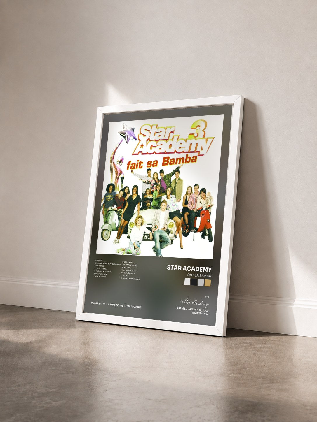 #blanc Tableau de l'album Fait Sa Bamba de Star Academy vu de trois quarts, cadre blanc