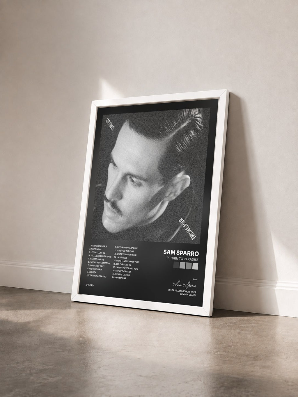 #blanc Tableau de l'album Return to Paradise de Sam Sparro vu de trois quarts, cadre blanc