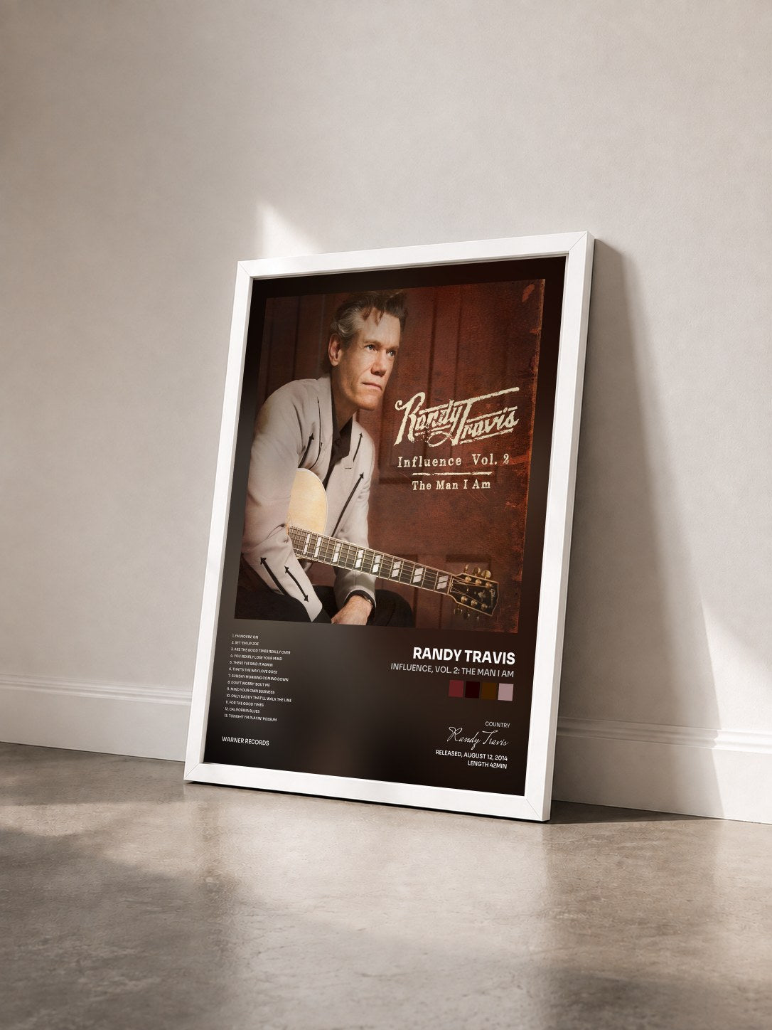 #blanc Tableau de l'album Influence, Vol. 2: The Man I Am de Randy Travis vu de trois quarts, cadre blanc