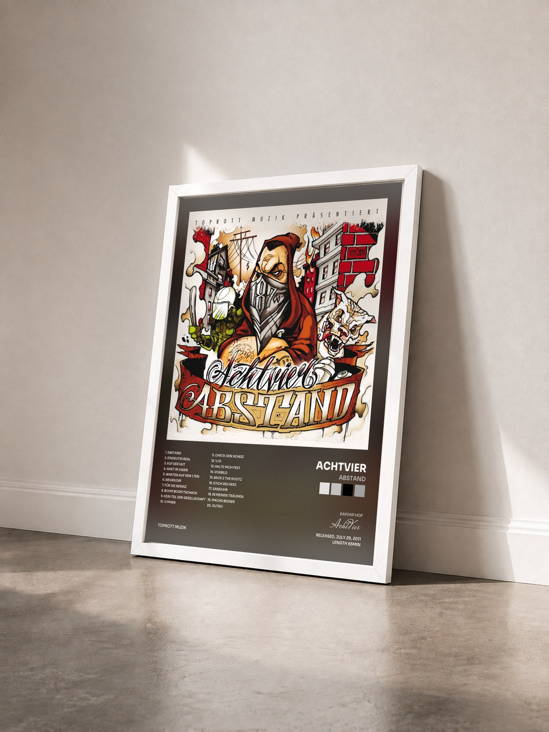 #blanc Tableau de l'album Abstand de AchtVier vu de trois quarts, cadre blanc