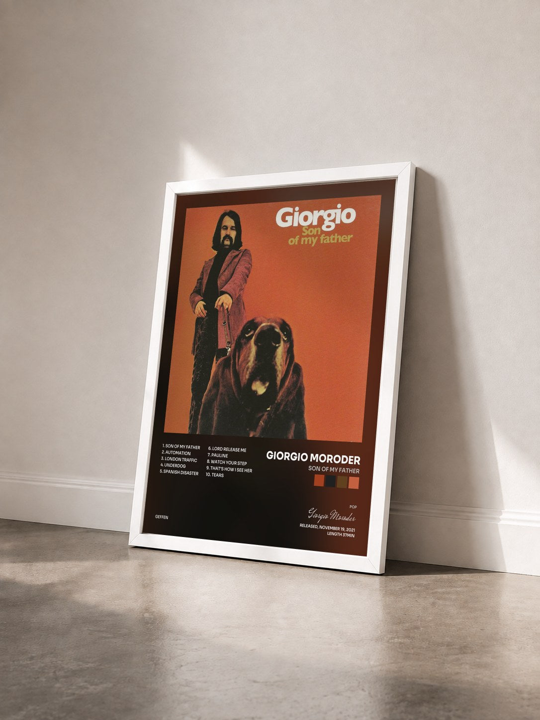#blanc Tableau de l'album Son Of My Father de Giorgio Moroder vu de trois quarts, cadre blanc