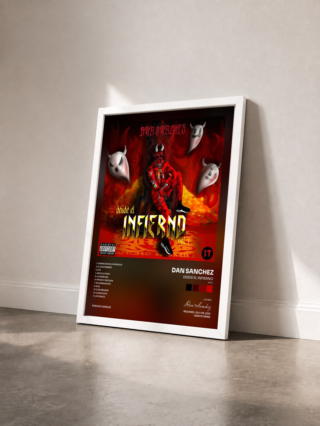 #blanc Tableau de l'album Desde El Infierno (Vol.1) de Dan Sanchez vu de trois quarts, cadre blanc