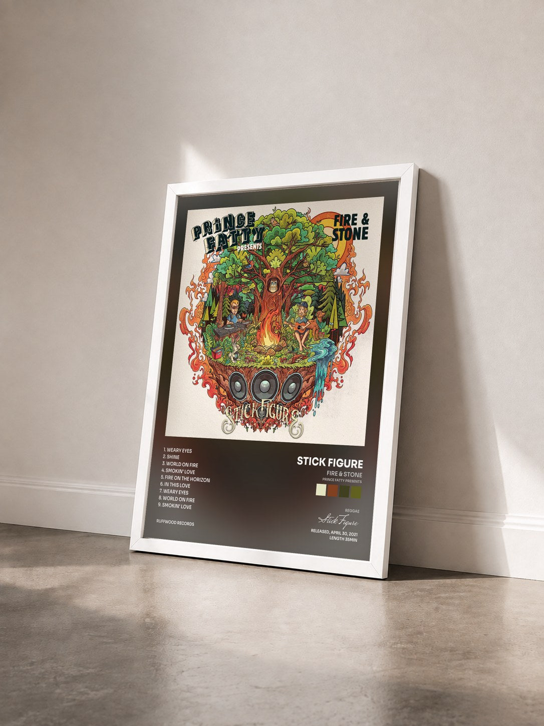 #blanc Tableau de l'album Fire & Stone (Prince Fatty Presents) de Stick Figure vu de trois quarts, cadre blanc