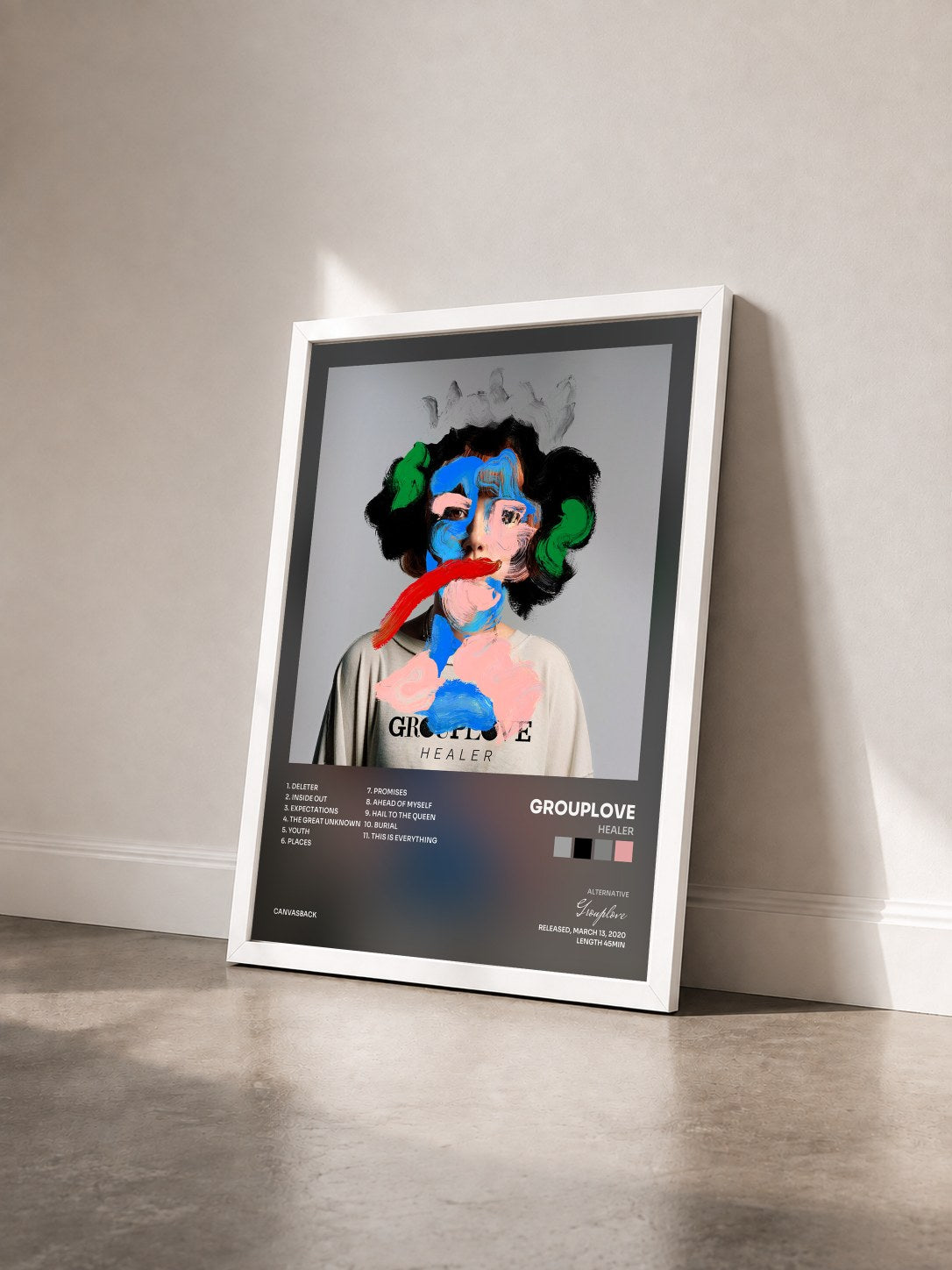 #blanc Tableau de l'album Healer de Grouplove vu de trois quarts, cadre blanc