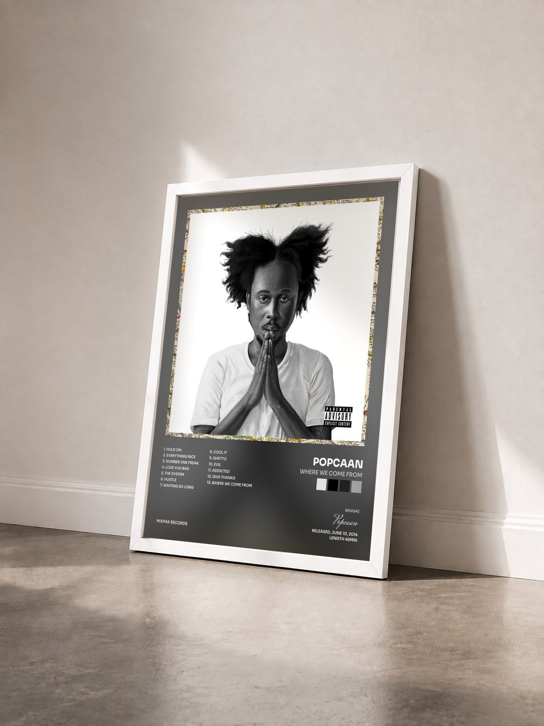 #blanc Tableau de l'album Where We Come From de Popcaan vu de trois quarts, cadre blanc
