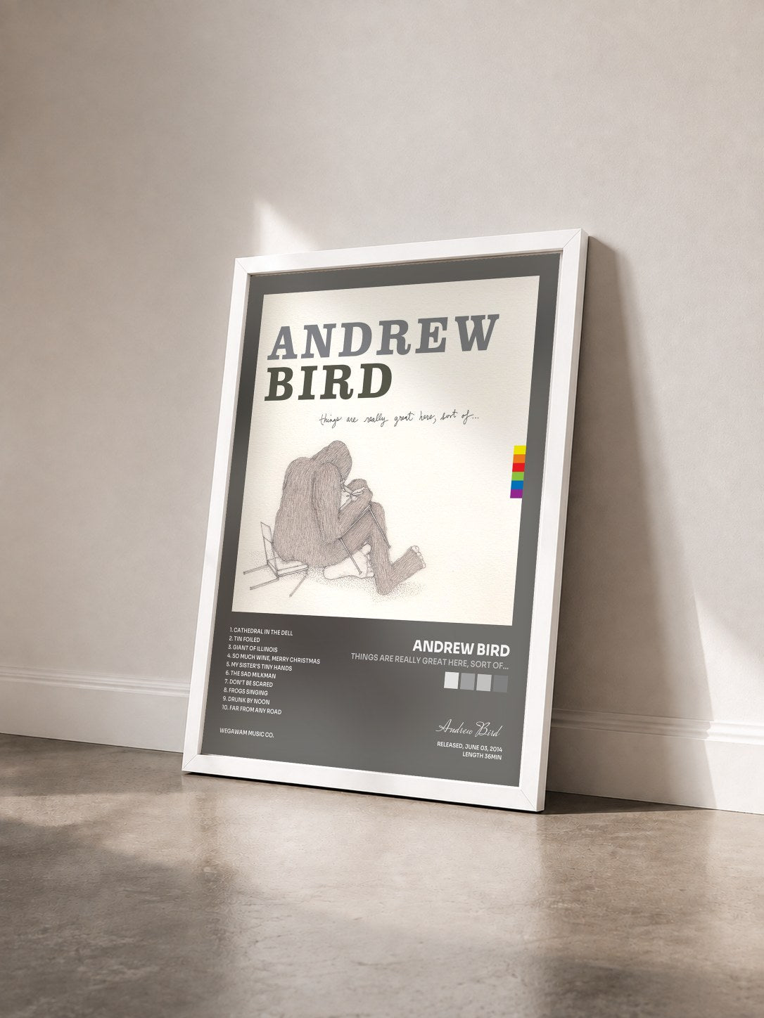 #blanc Tableau de l'album Things Are Really Great Here, Sort Of... de Andrew Bird vu de trois quarts, cadre blanc
