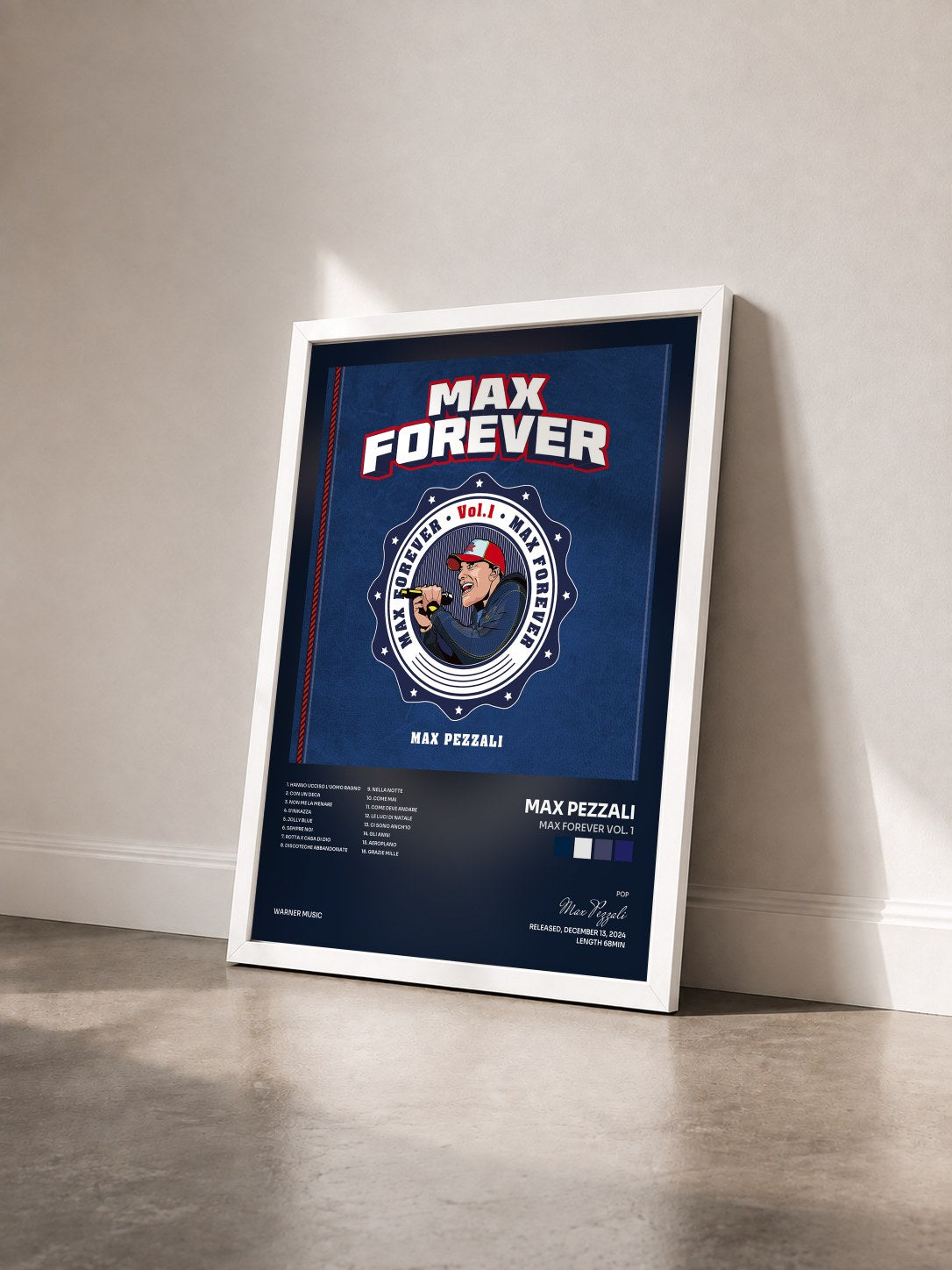 #blanc Tableau de l'album Max Forever Vol. 1 de Max Pezzali vu de trois quarts, cadre blanc