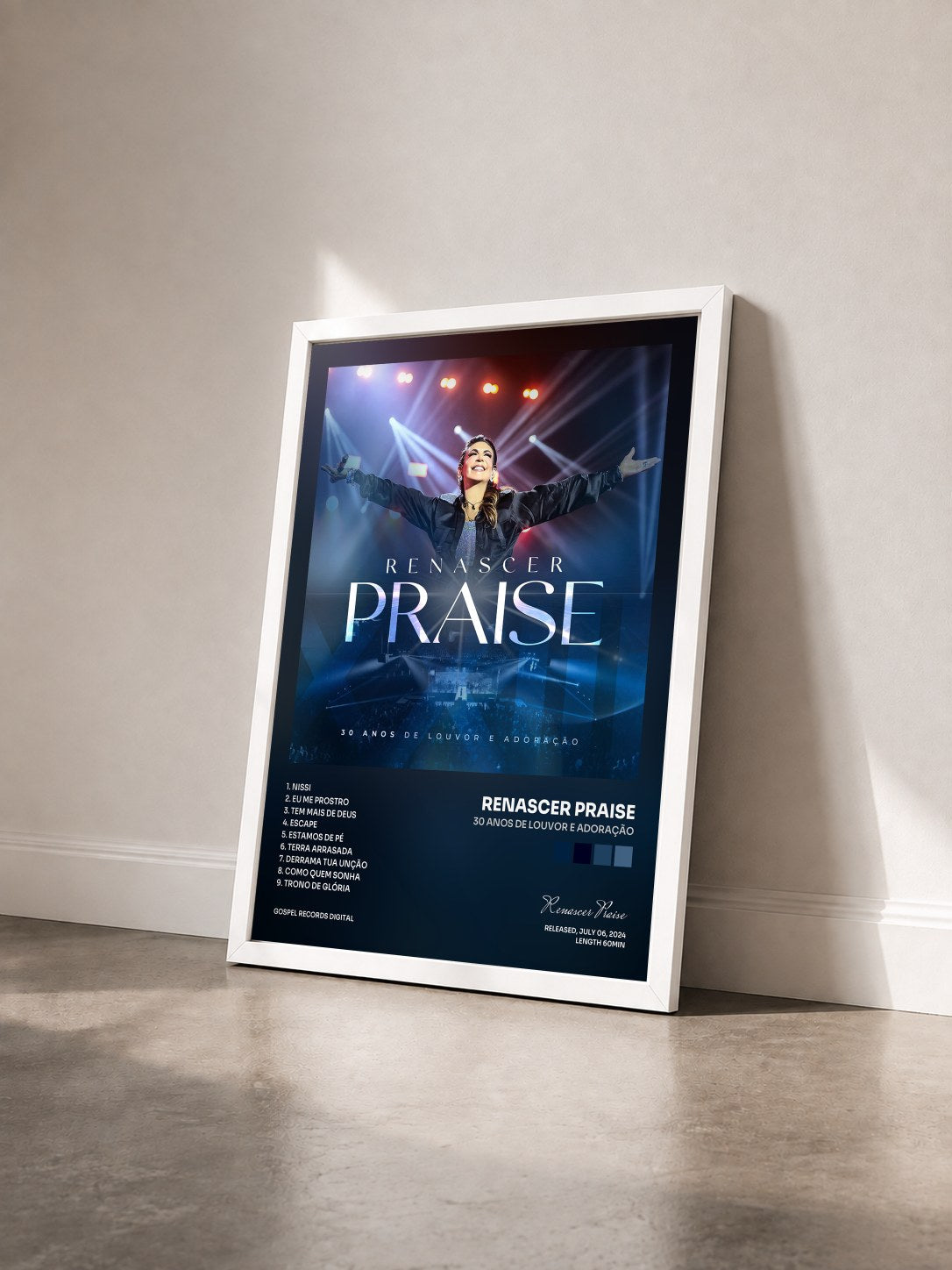 #blanc Tableau de l'album 30 Anos de Louvor e Adoração de Renascer Praise vu de trois quarts, cadre blanc