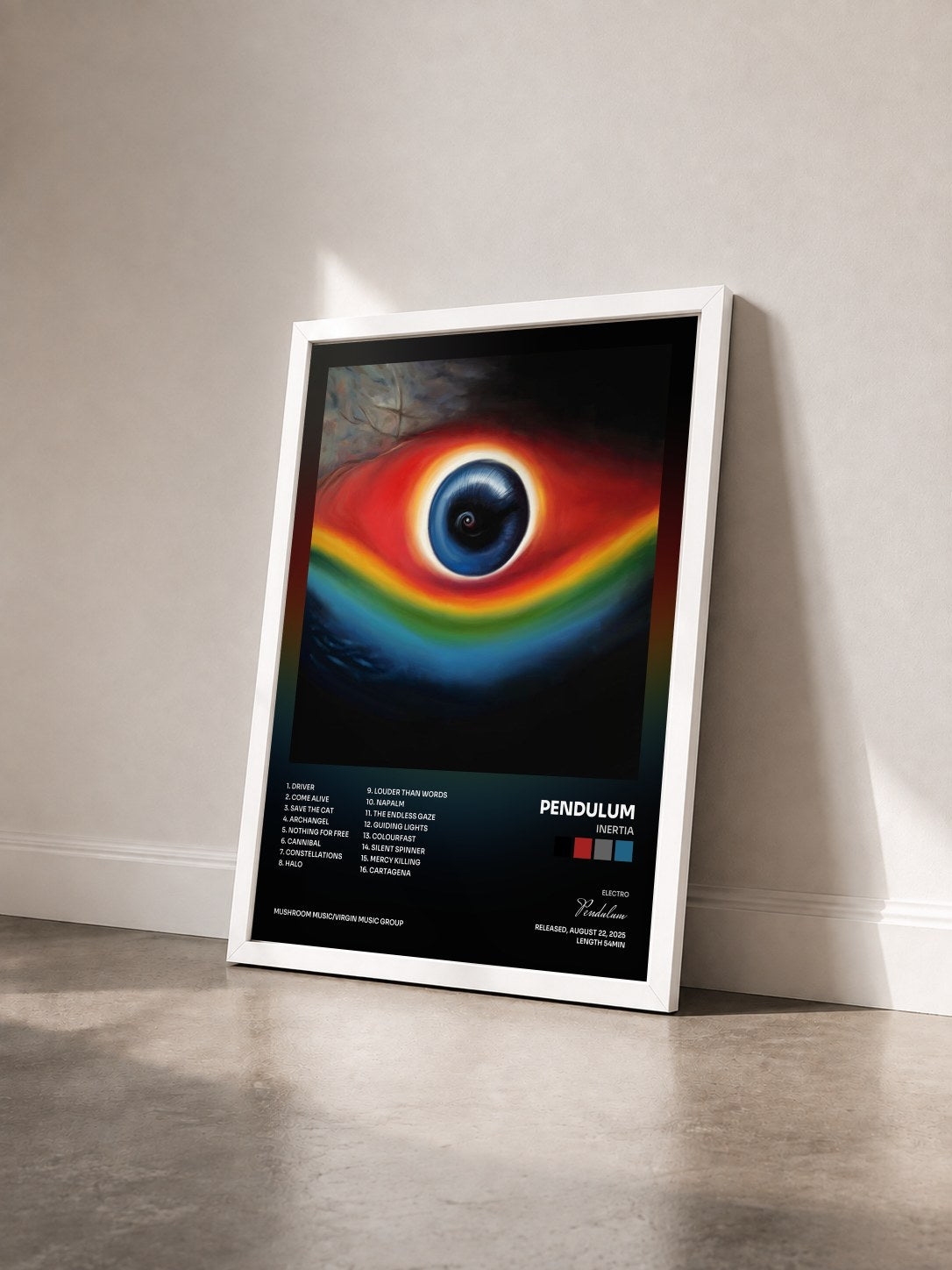 #blanc Tableau de l'album Inertia de Pendulum vu de trois quarts, cadre blanc