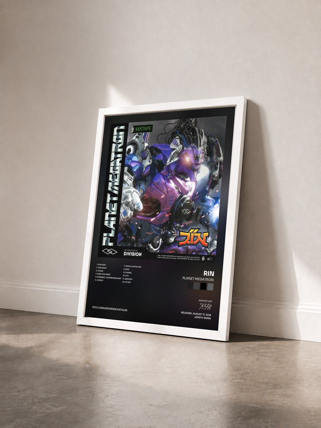 #blanc Tableau de l'album Planet Megatron de RIN vu de trois quarts, cadre blanc