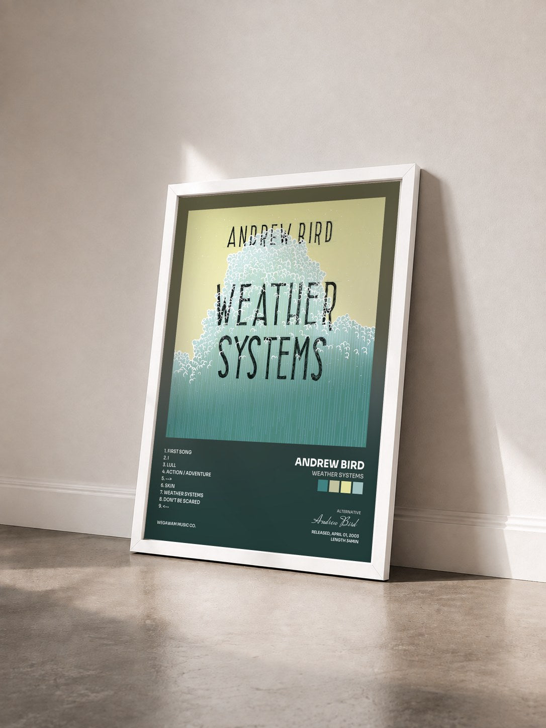#blanc Tableau de l'album Weather Systems de Andrew Bird vu de trois quarts, cadre blanc