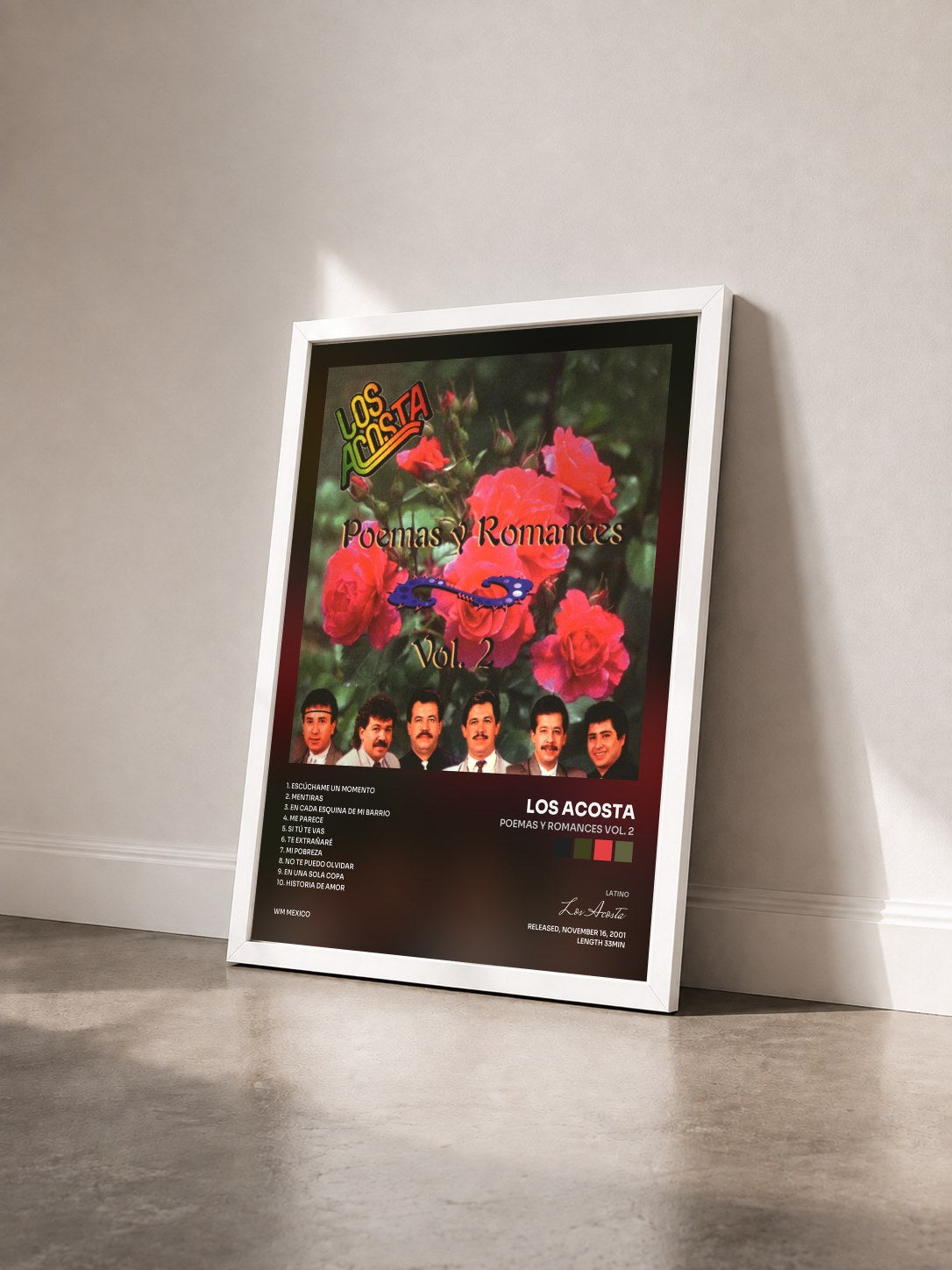 #blanc Tableau de l'album Poemas y Romances Vol. 2 de Los Acosta vu de trois quarts, cadre blanc