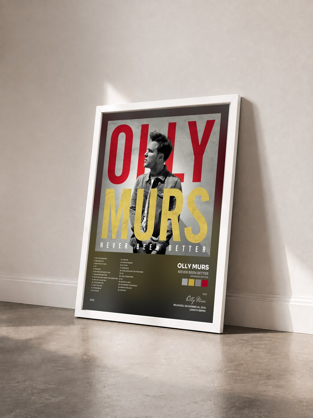 #blanc Tableau de l'album Never Been Better (Expanded Edition) de Olly Murs vu de trois quarts, cadre blanc