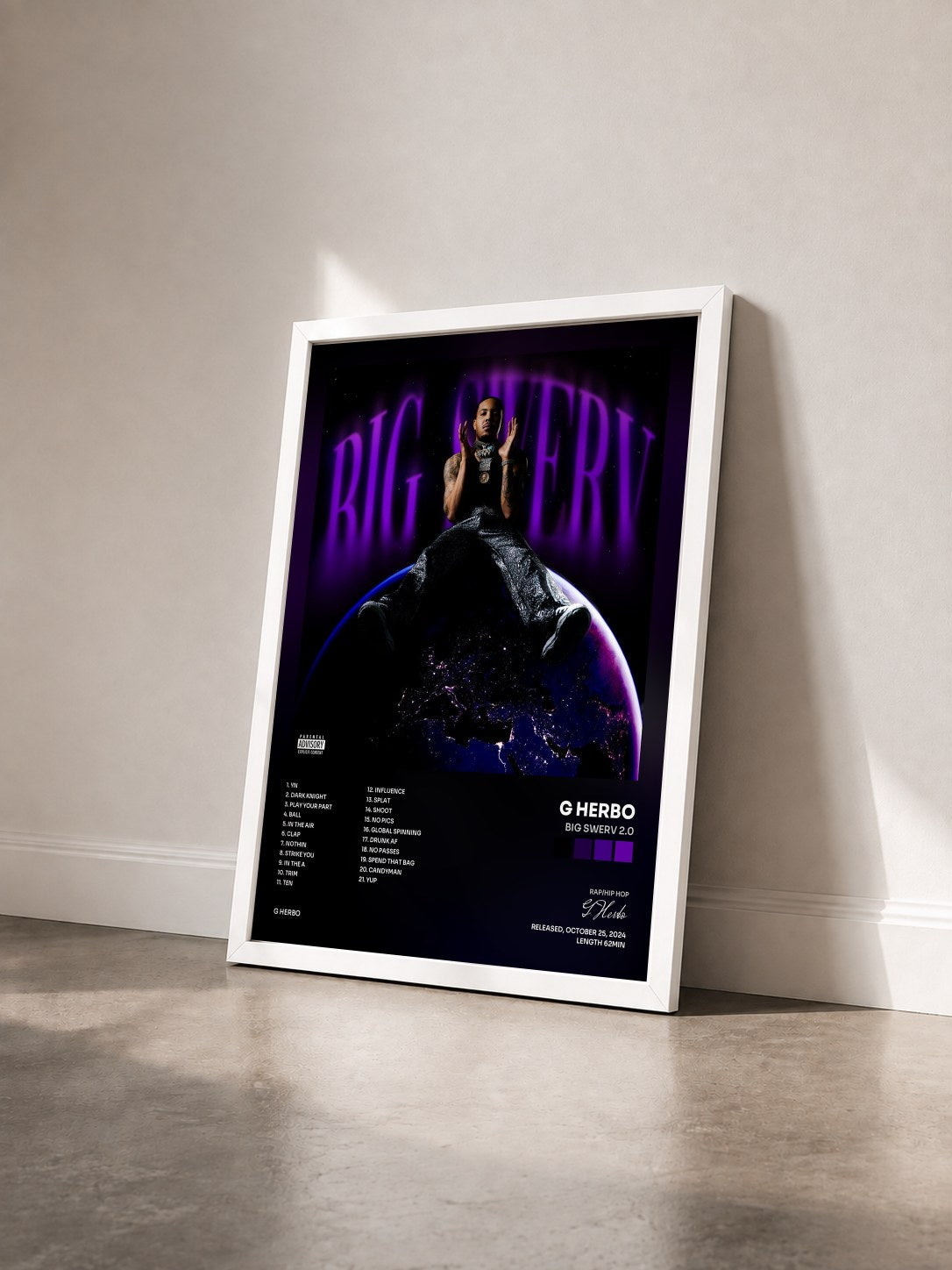 #blanc Tableau de l'album Big Swerv 2.0 de G Herbo vu de trois quarts, cadre blanc