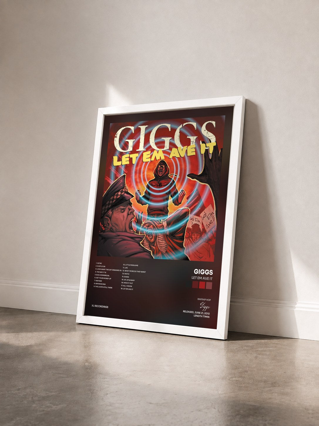 #blanc Tableau de l'album Let Em Ave It de Giggs vu de trois quarts, cadre blanc