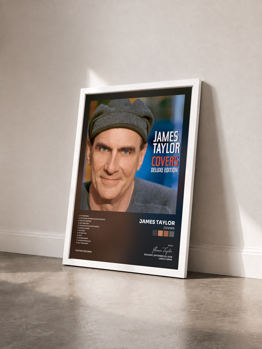 #blanc Tableau de l'album Covers de James Taylor vu de trois quarts, cadre blanc