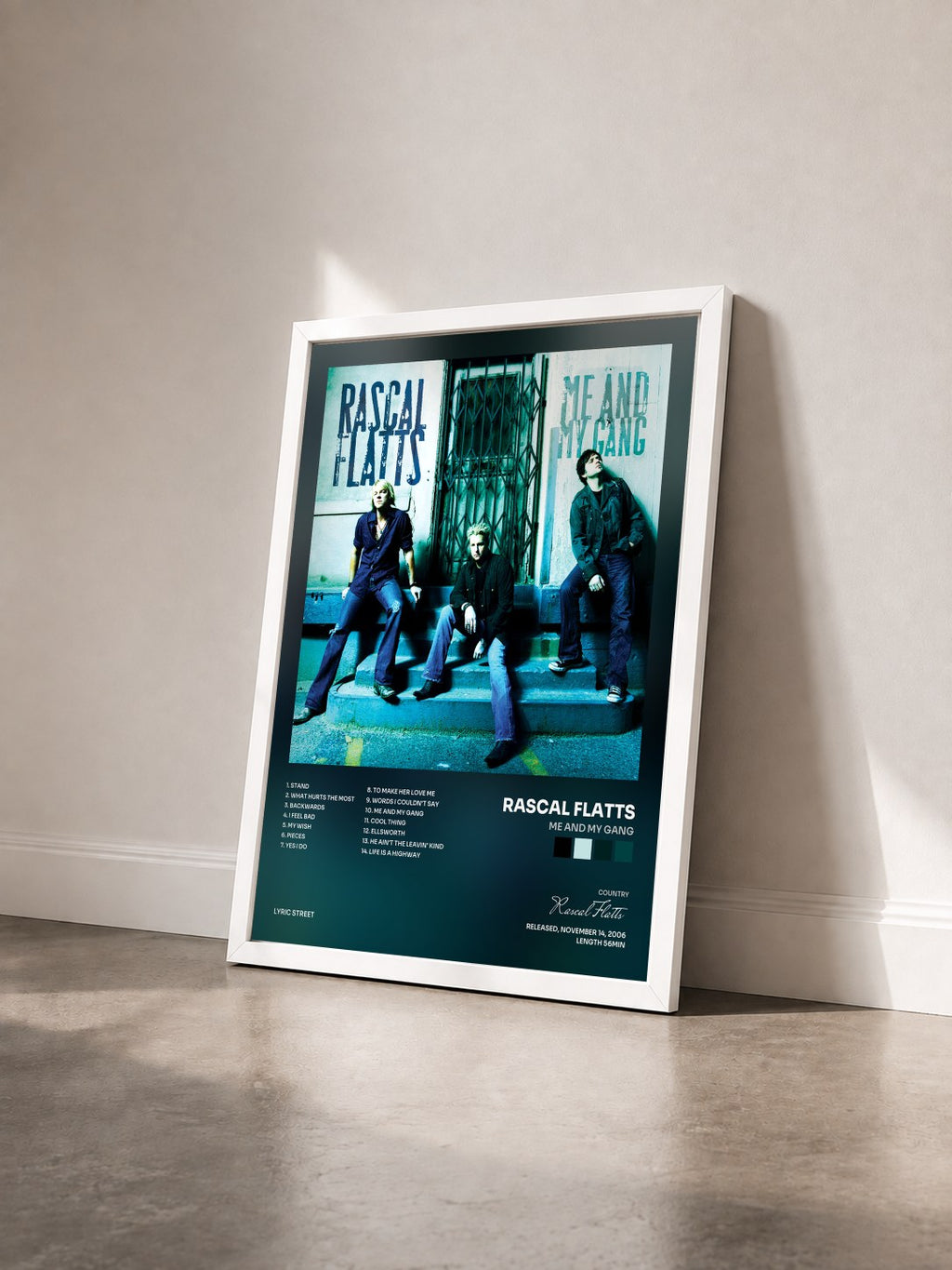 #blanc Me And My Gang von Rascal Flatts als gerahmter Kunstdruck von schräg gesehen, weißer Rahmen