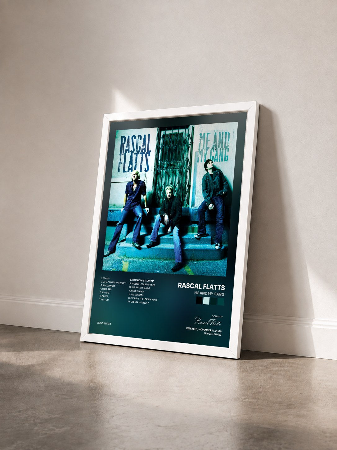 #blanc Tableau de l'album Me And My Gang de Rascal Flatts vu de trois quarts, cadre blanc