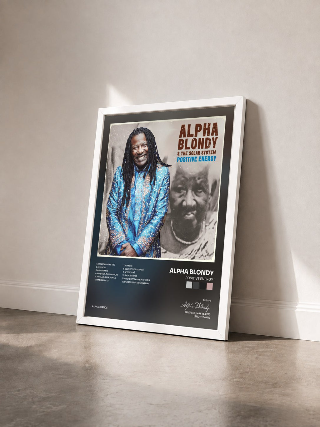#blanc Tableau de l'album Positive Energy de Alpha Blondy vu de trois quarts, cadre blanc