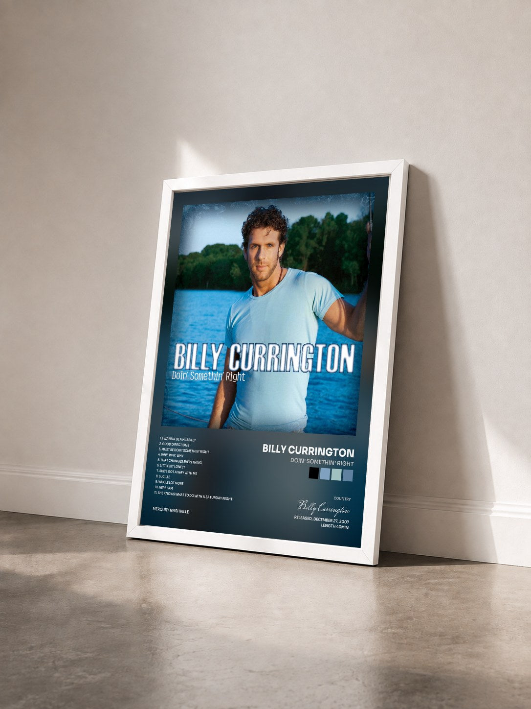 #blanc Tableau de l'album Doin' Somethin' Right de Billy Currington vu de trois quarts, cadre blanc