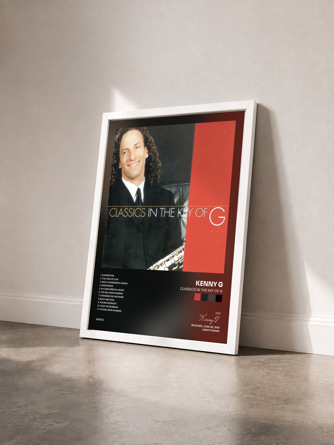 #blanc Tableau de l'album Classics In The Key Of G de Kenny G vu de trois quarts, cadre blanc
