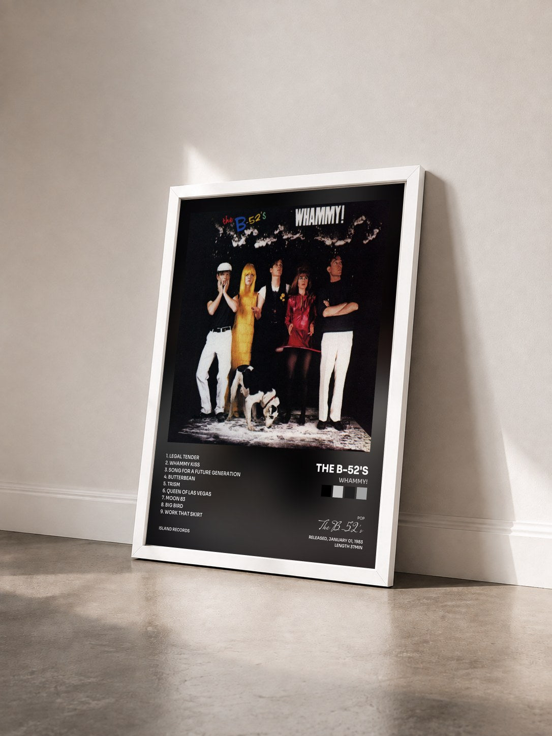 #blanc Tableau de l'album Whammy! de The B-52's vu de trois quarts, cadre blanc