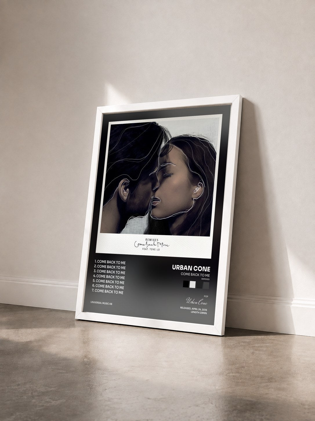 #blanc Tableau de l'album Come Back To Me (Remixes) de Urban Cone vu de trois quarts, cadre blanc