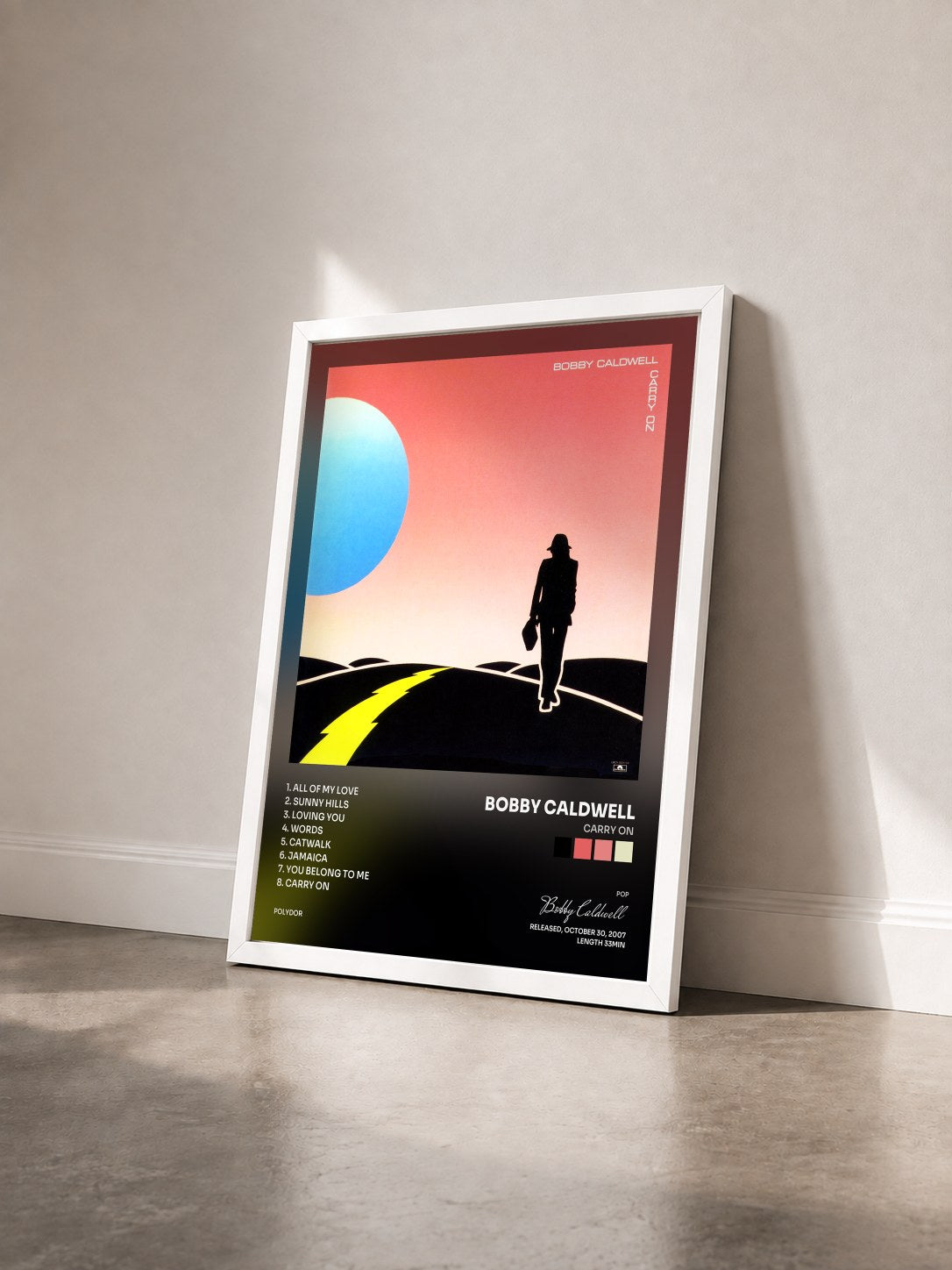 #blanc Tableau de l'album Carry On de Bobby Caldwell vu de trois quarts, cadre blanc