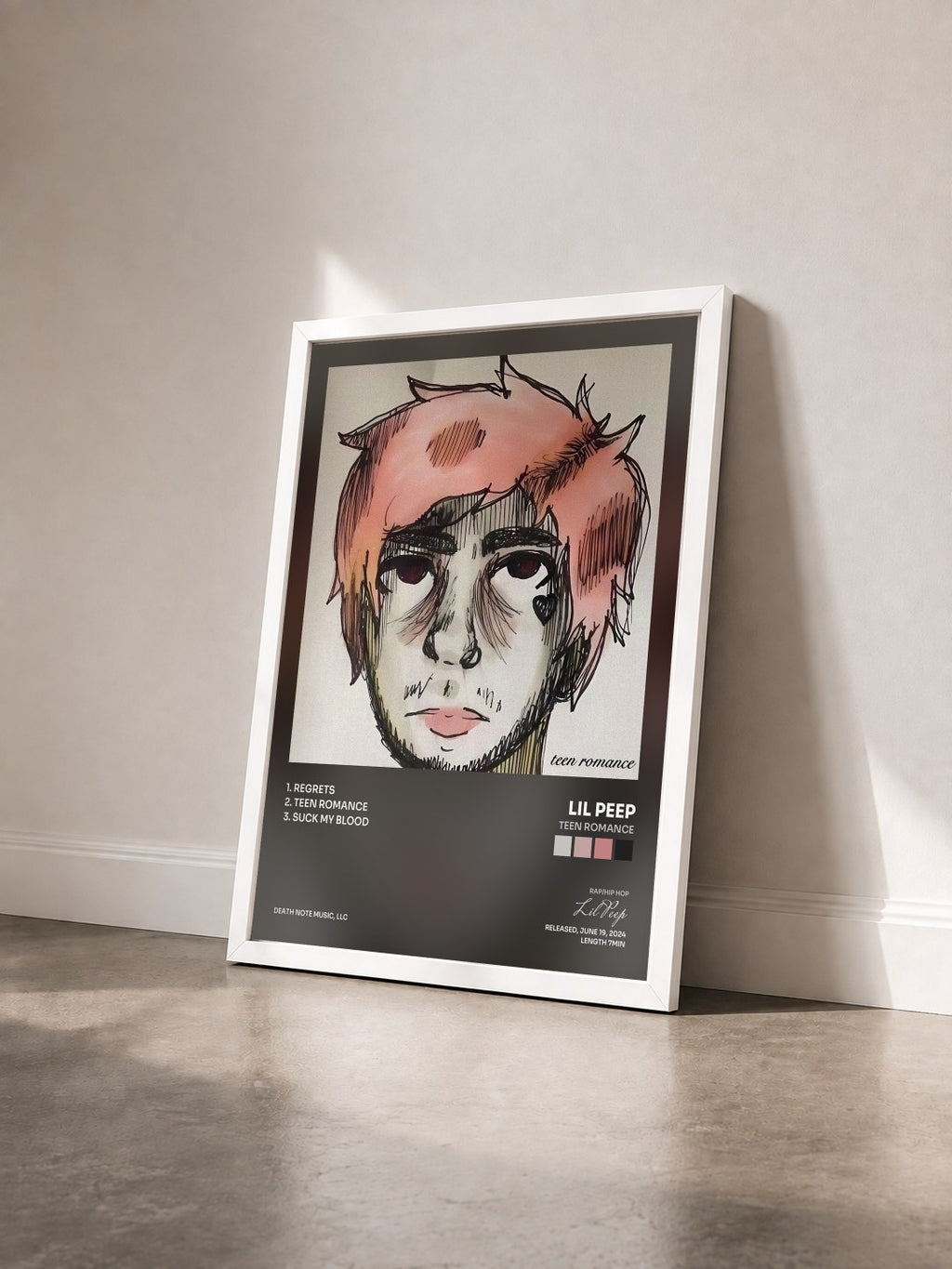 #blanc Tableau de l'album teen romance de Lil Peep vu de trois quarts, cadre blanc