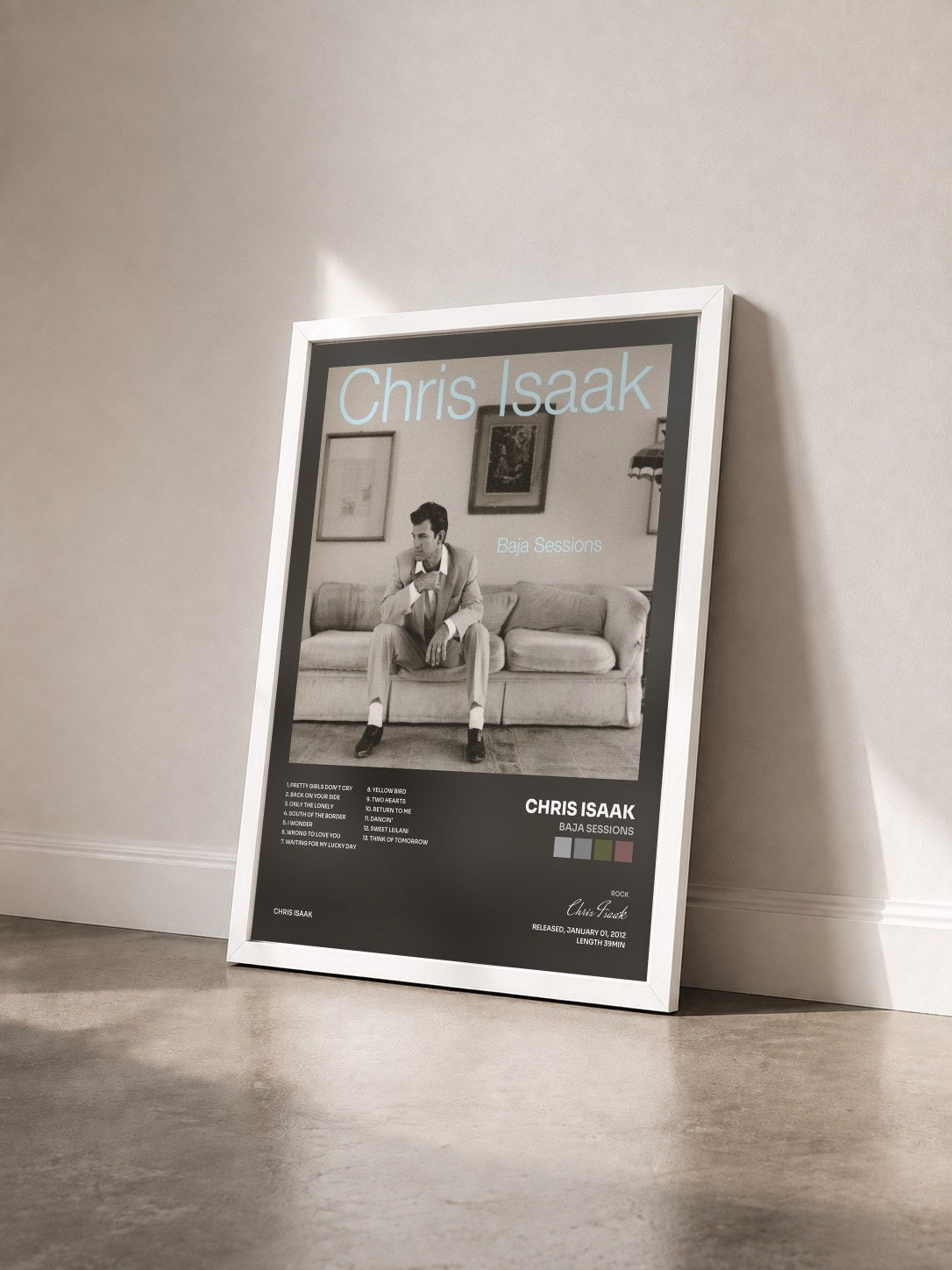 #blanc Tableau de l'album Baja Sessions de Chris Isaak vu de trois quarts, cadre blanc