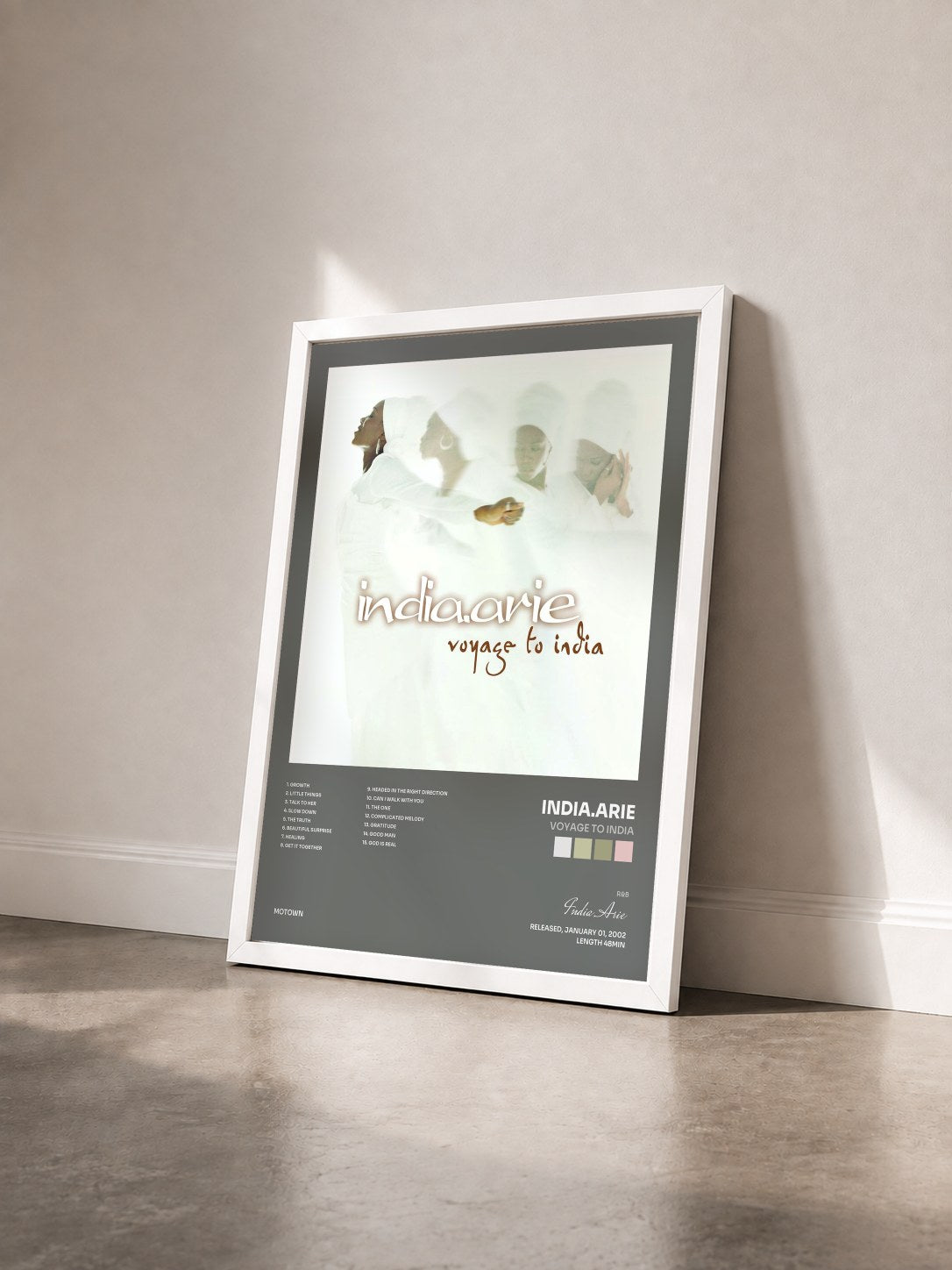 #blanc Tableau de l'album Voyage To India de India.Arie vu de trois quarts, cadre blanc