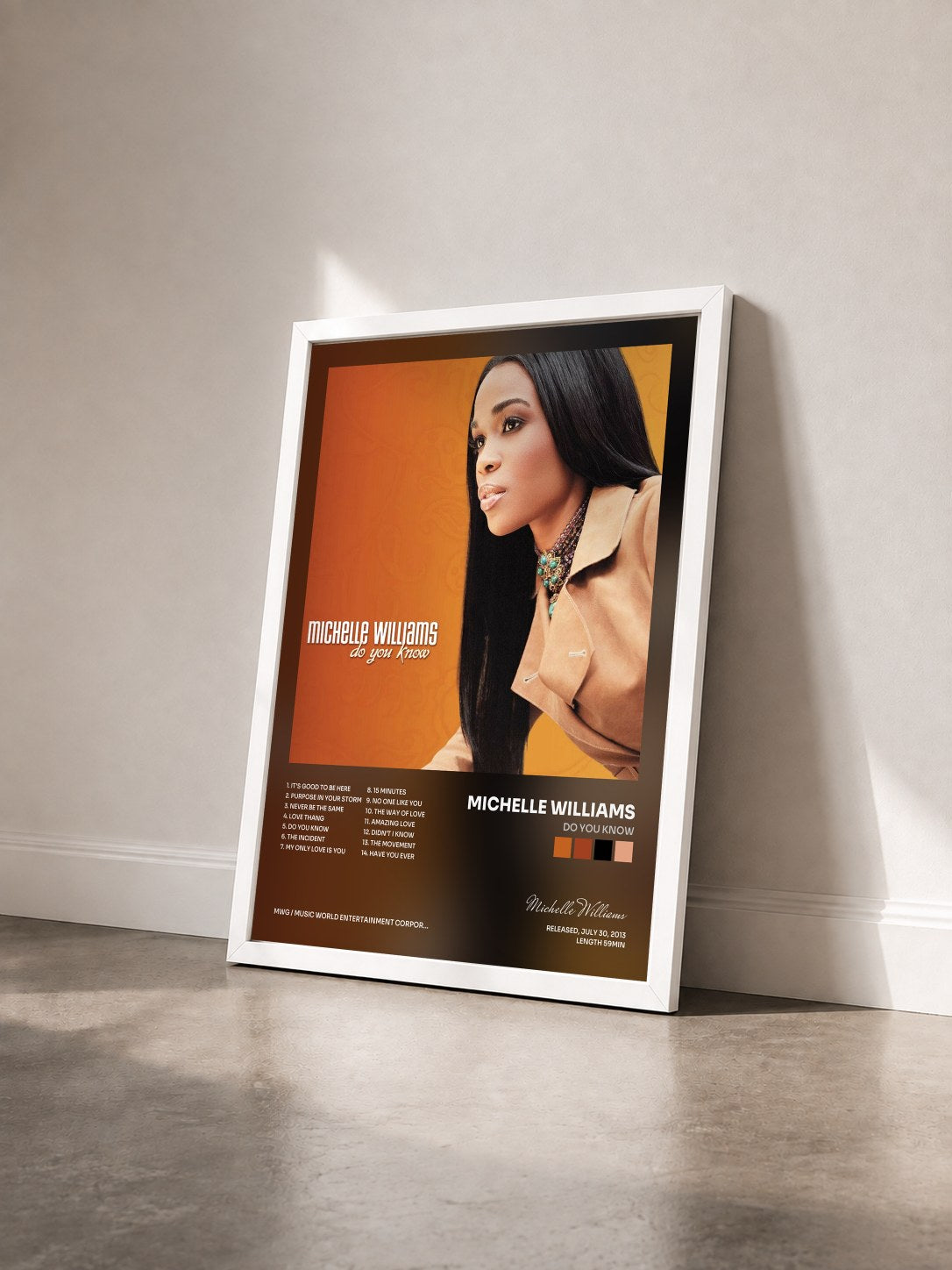 #blanc Tableau de l'album Do You Know de Michelle Williams vu de trois quarts, cadre blanc